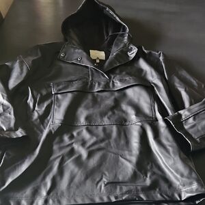 Black Hooded Faux Leather Jacket/ Sweater